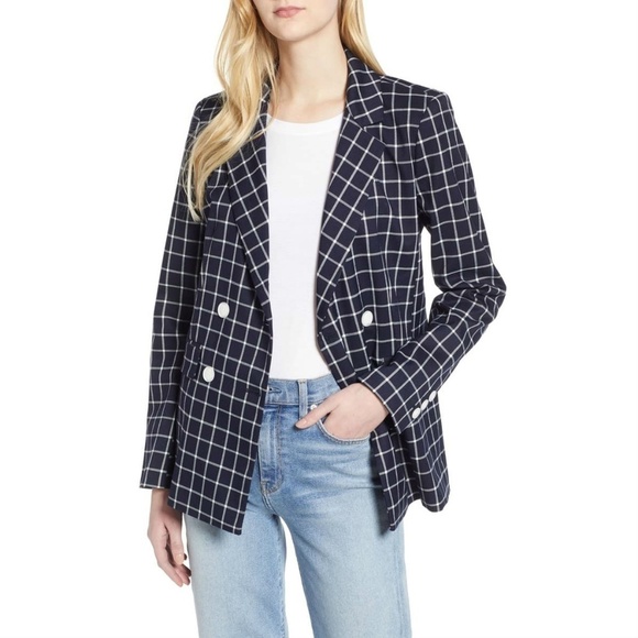 💕HALOGEN💕 Double Breasted Window Pane Plaid Check Blazer ~ Navy Blue S NWOT - Picture 3 of 14